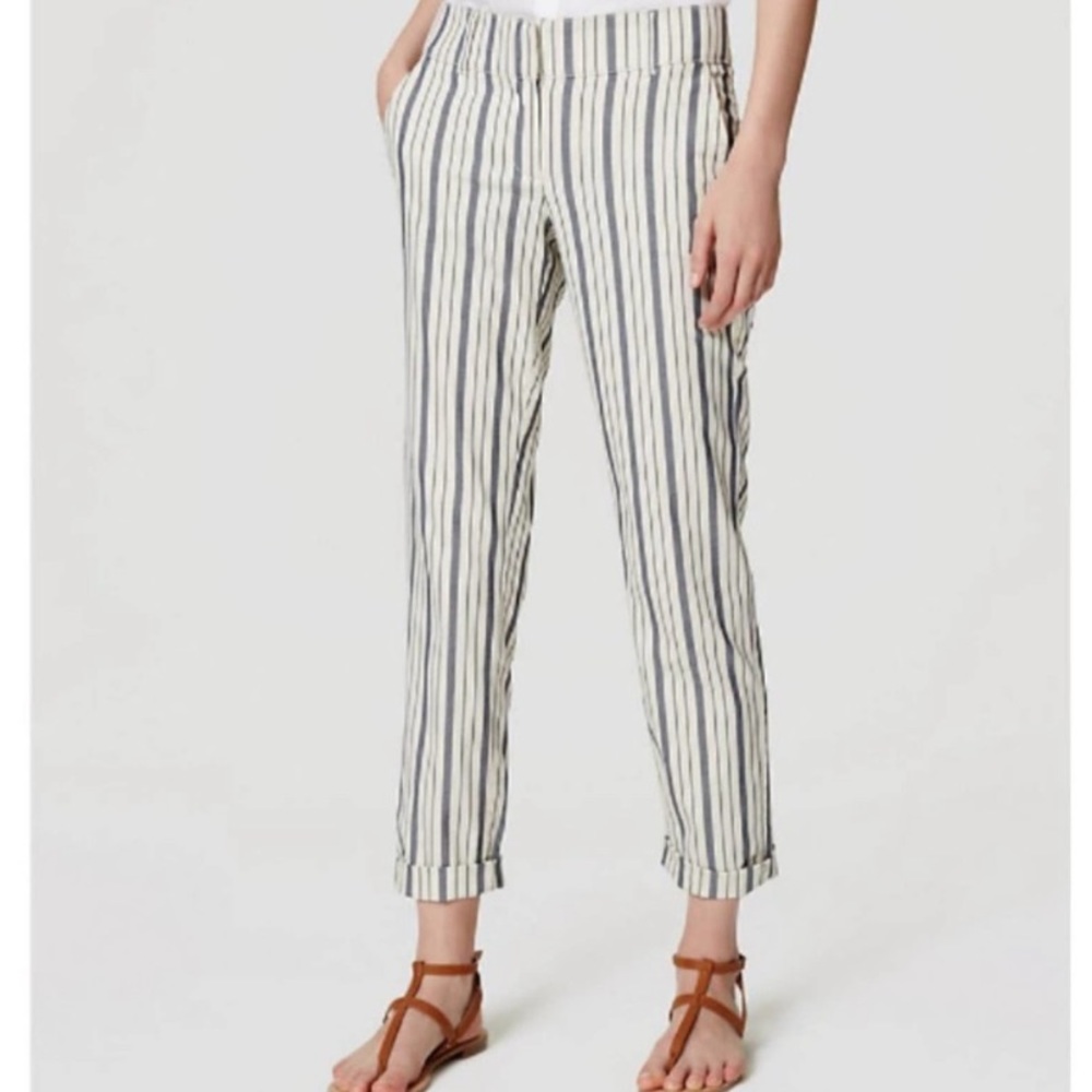 LOFT Marisa Linen Bottom Striped Trouser Pants Straight Leg Size 4